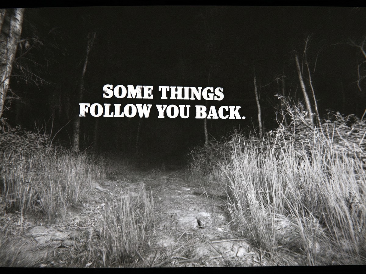 A dark woodland path with the words: Some things follow you back.